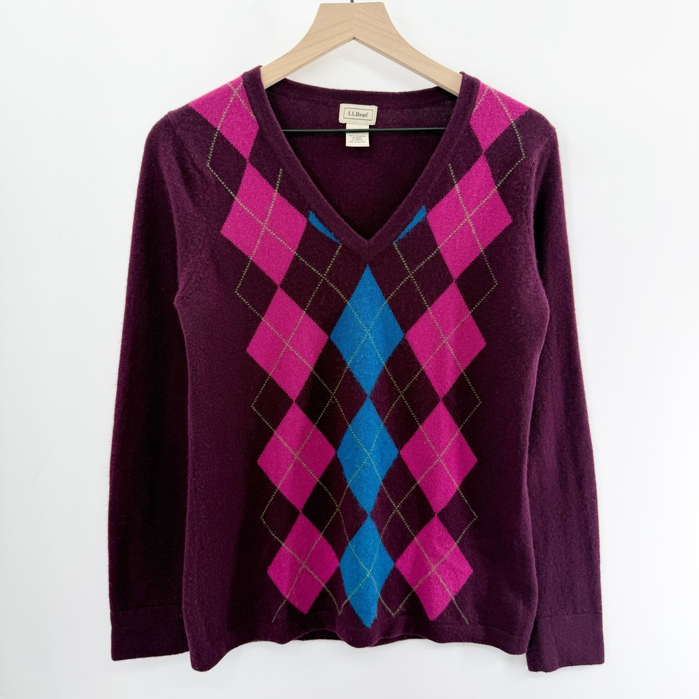 Vintage Y2K L.L. Bean Cashmere Argyle Sweater in Purple Size M (Small‎ Flaw)